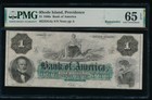 Ac Obsolete 1860's $1 Bank of America, Providence Rhode Island Pmg 65 Epq