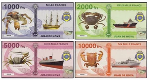Juan de Nova 1000-10000 francs 2018 private Full Set 4 pcs UNC ships, crabs - Foto 1 di 2
