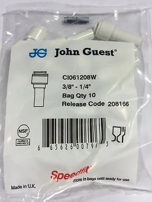 John Guest CI 061208W reducer, 3/8" stem OD, 1/4" tube OD (bags of 10)