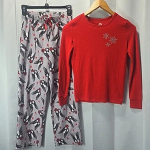 Total Girl LG(12) Girls 2pc Pajama Set Fleece Pants LS Shirt Dogs Snowflakes Red - Picture 1 of 10