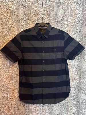 Cactus Man Navy & Gray Striped Button-Up Shirt Slim Fit 100% Cotton Short Sleeve - Image 1 of 4