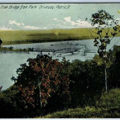 c1910s Peoria IL Upper Free Bridge from Park Driveway Steamship Swing Pivot A219 - Image 1 of 3