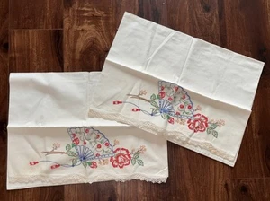 Set of 2 Vintage Hand Embroidered Pillowcases Colorful Fan & Floral Lace Trim - Picture 1 of 4