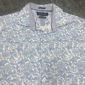 Denim & Flower Paisley Shirt Mens M Slim Fit Stretch Blue White Short Sleeve - Picture 1 of 9