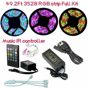 5M 10M 15M 3528 RGB LED Strip Lights Tape + IR Music Control Remote + Power - Picture 1 of 26