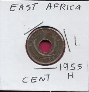 EAST AFRICA BRITISH 1 CENT 1955-H ELIZABETH II,CENTRAL HOLE DIVIDES CROWN AND DE - Picture 1 of 2
