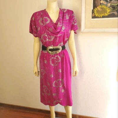 Vestido de fiesta vintage discoteca rosa fucsia con plata M L Foto 1 de 4