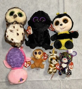 Lot of 7 Ty Beanie Boos Lot Plush Stuffed NEW WITH TAGS Owl, Monkey, Turtle, Etc - Picture 1 of 8