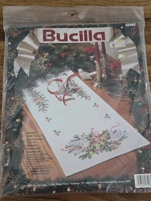 VTG 1991 Bucilla Christmas Doves & Holly Table Runner Stamped Embroidery Kit - Image 1 of 4
