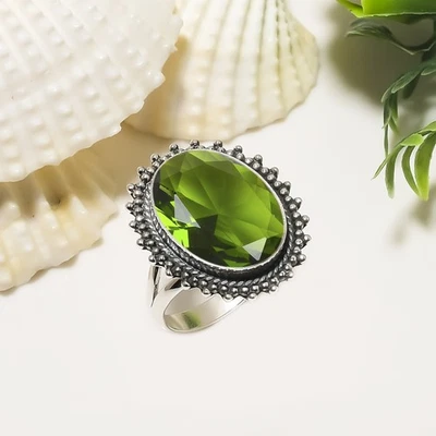 Green Peridot Solid 925 Sterling Silver Ring, Christmas Gift, Elegant Jewelry - Image 1 of 4