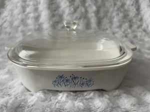 Plato BROWNING de Corning (hecho para Sears) MW9 Plato de vidrio azul margarita con tapa - Imagen 1 de 10