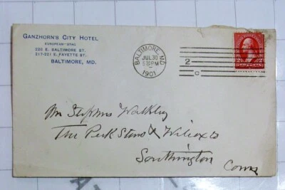antique 1901 US postal cover Baltimore MD Ganzhorn's City Hotel 2c full envelope - Image 1 of 2