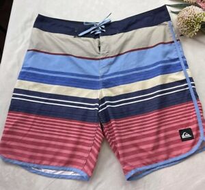 Quiksilver Men's Pink & Blue Stripes Surf Board Swim Shorts Size 38