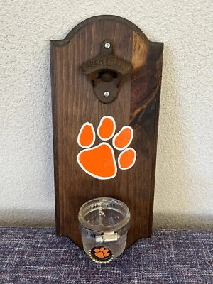 Clemson Tigers Wall Mount Hanging Wood Bottle Opener with Cap Catcher - Image 1 of 4