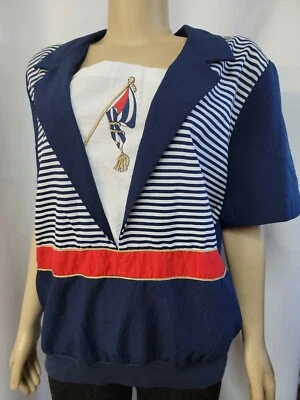 Blusa Susan Christopher Vintage Años 80 Mujer XL Marinero Top Azul Marino Rec Blanco #W6 Foto 1 de 4