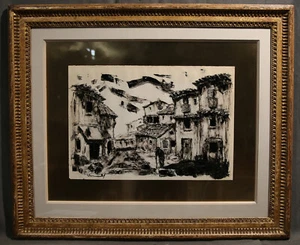French 20th Century Cityscape with Elder Man Walking Painting - Picture 1 of 12
