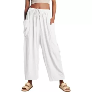 Women Loose Elastic Waist Wide Leg Beach Pants with Pockets Lightweight Pleated - Picture 1 of 16