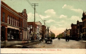 Coldwater MI. - Chicago Street Looking E. Street Scene 1910 Vintage Postcard UU1 - Picture 1 of 2