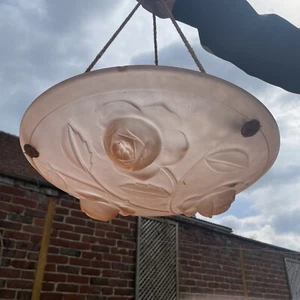 Antique French Glass Art Deco Chandelier Dome Ceiling Light Pink Floral Frosted - Picture 1 of 23