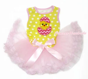 Easter Egg Chick Yellow White Dot Pink Bow Lace Skirt One Piece Pet Dog Dress - Picture 1 of 1