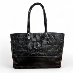Coach F19256 Signature Stitched Black Patent Leather Diaper Bag Large Tote Purse - Picture 1 of 12