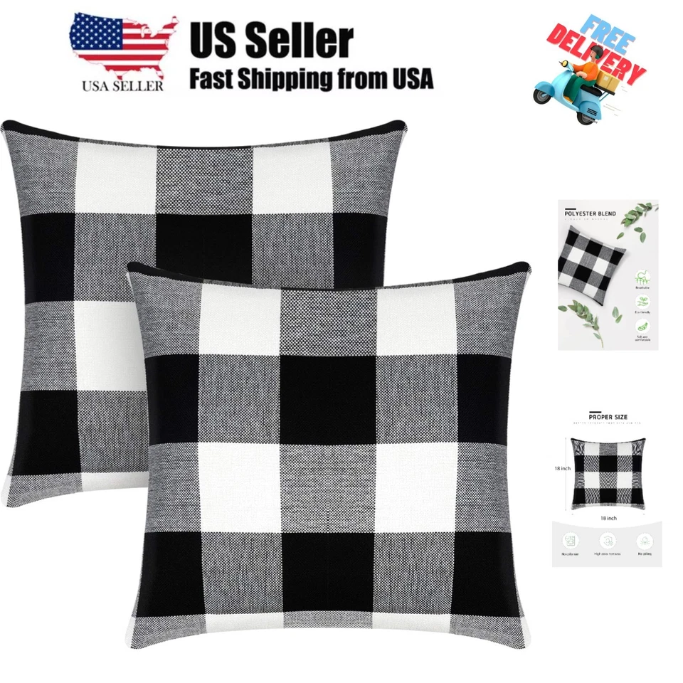 Syntus Set of 2 Buffalo Check Throw Pillow Covers Farmhouse Outdoor Plaid Squ...