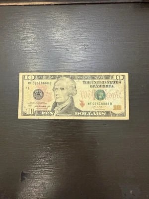 Series 2013 $10 Dollar Bill Circulated QUAD Eights Fancy Serial MF02618888B - Image 1 of 4