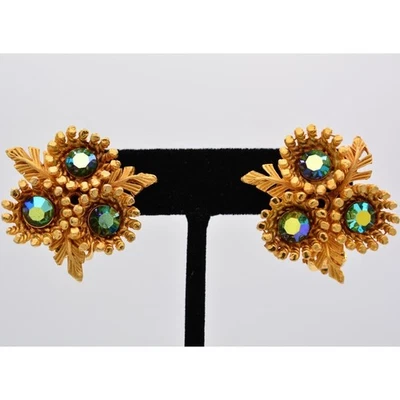Star Vintage Crystal Clip On Earrings Blue Brushed Gold Flower Signed 1950s 9D - Image 1 of 4