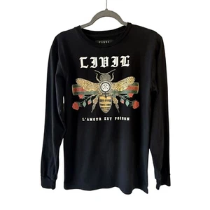Civil Regime LAmour Est Poison Black Long Sleeve Shirt S 100% Cotton Bee Graphic - Picture 1 of 6