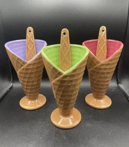 Waffle Cone Ice Cream Burton & Burton Sundae Cups With Spoons Set Of 3 NWOB Vtg - Picture 1 of 12