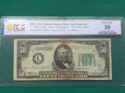 1934 San Francisco $50 Federal Reserve Note (Blue-Green)  Seal PCGS 30 Very Fine - Image 1 of 4