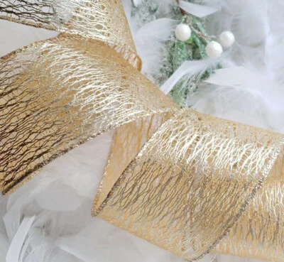 APAC FESTIVE RIBBON 1m x 63mm Luxury Wired Christmas Ribbon Champagne Gold Decomesh Pale Gold Web