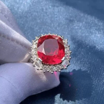 9.50Ct Halo Lab Created Diamond Ruby Women's Fashion Ring  14K White Gold Plated - Image 1 of 4