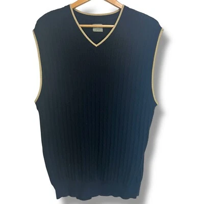 Haggar 高尔夫电缆针织毛衣 V 领背心男式 XL 海军蓝带棕褐色对比装饰 — 第 1/4 张图片