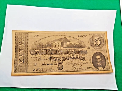 reproduction confederate money , 5 DOLLAR - Image 1 of 3
