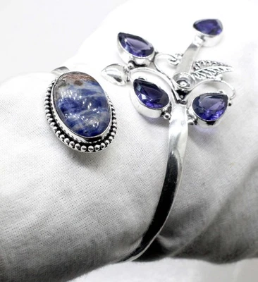 925 Sterling Silver Sodalite & Amethyst Gemstone Handmade Jewelry Cuff Bracelet - Image 1 of 4