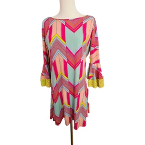 Judith March Womens Dress Large Aqua Lime Red 60s Retro Twiggy Wide Sleeve - Picture 1 of 5