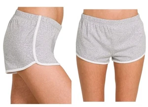 Zenana Delphinsaum niedriger Bund elastische Taille Stretch Baumwolle Shorts grau Größe Lg - Bild 1 von 4