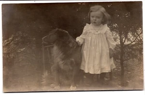 DOG RPPC BABY Little Girl TODDLER FLUFFY DOG OLD Vintage Real Photo Postcard - Picture 1 of 2