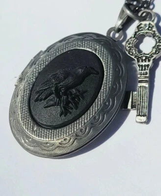 Raven Crow Bird Goth Locket Necklace Viking PHOTO Picture CAMEO Pendant Gift New - Image 1 of 4