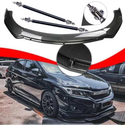 For Honda City 2010-22 Carbon Fiber Style Front Bumper Lip Spoiler Strut Rods Foto 1 de 4