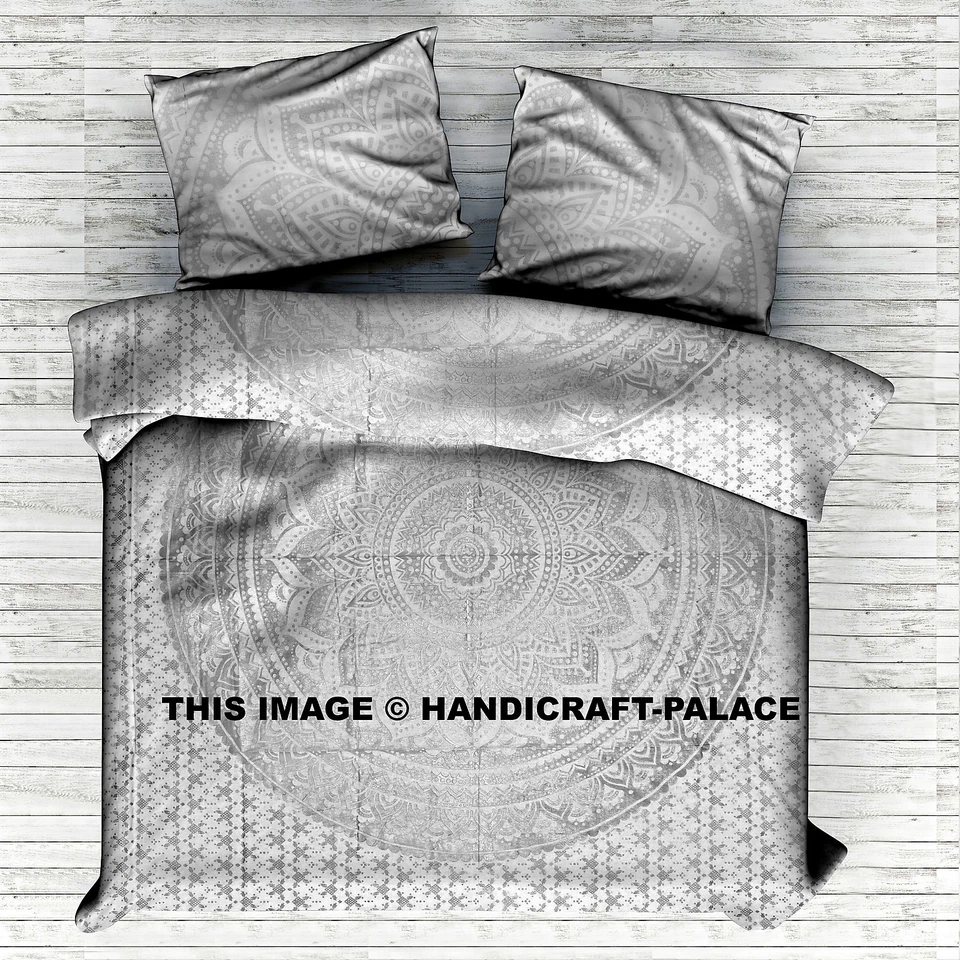 Indiano Argento Mandala Set da Letto Copriletto Velo Hippie Bohémien Lenzuolo - Immagine 1 di 1