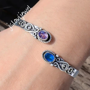 Faceted Amethyst & Tanzanite Gemstone 925 Sterling Silver Looking Cuff Bangle - Picture 1 of 5