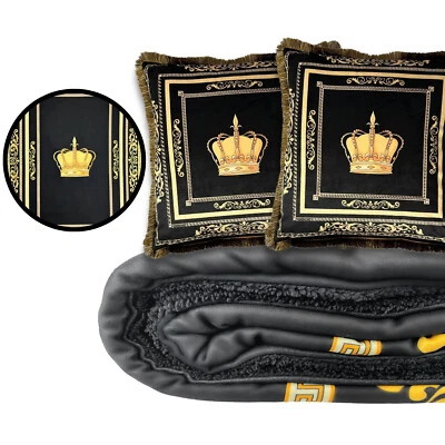 3er Set Kissen and Sherpa Kuscheldecke – Schwarz Gold Krone Fransen Luxus Deko - Bild 1 von 4