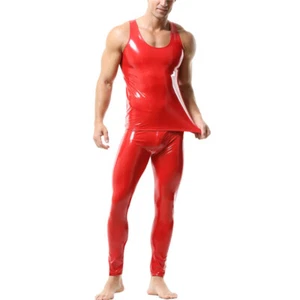Men's Shiny Latex PU Leather Vest Tank Tops Tight Pants Leggings Dance Clubwear - Picture 1 of 38