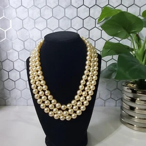 KJL Kenneth J Lane Couture Faux Three Strand Pearl Necklace Rhinestone Clasp - Picture 1 of 8
