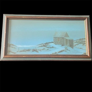 Vintage SIGNIERT REICH? Gemälde KÜSTE KÖDERHÜTTE STRAND SANDDÜNEN DÜSTER 12”x22 - Bild 1 von 18