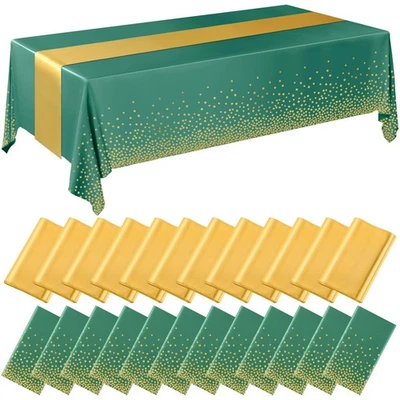 24 Pack Green and Gold Disposable Plastic Tablecloths and Satin Table Runner ... - Image 1 of 4