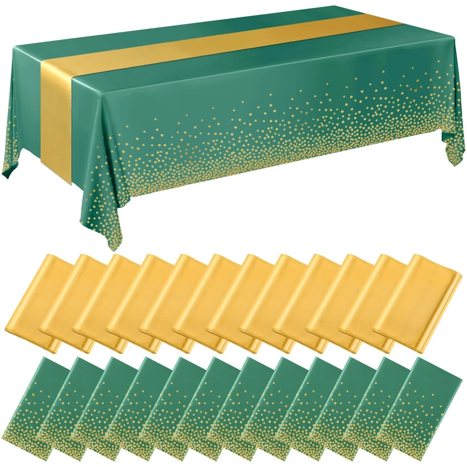 24 Pack Green and Gold Disposable Plastic Tablecloths and Satin Table Runner ... - Image 1 of 4