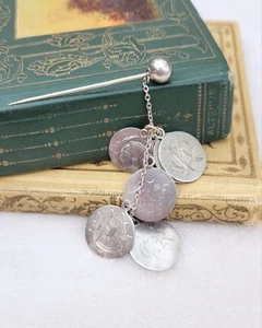 Antique Victorian Love Token Sterling Silver Christmas Stick Pin 1880s- 7 Tokens - Picture 1 of 10